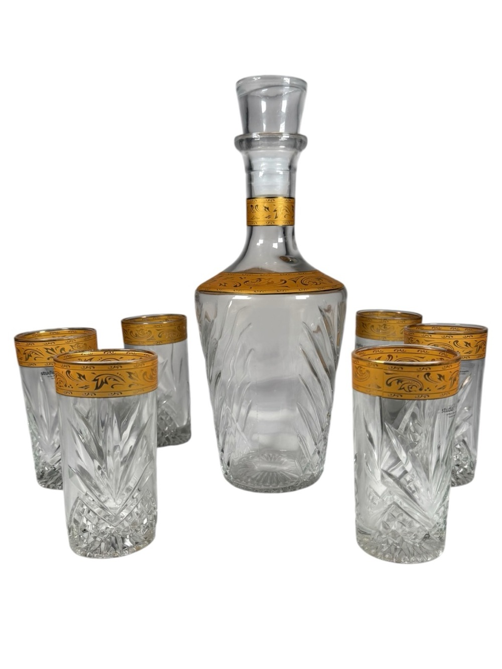 Crystal Decanter and Tumbler Set with Gold Band